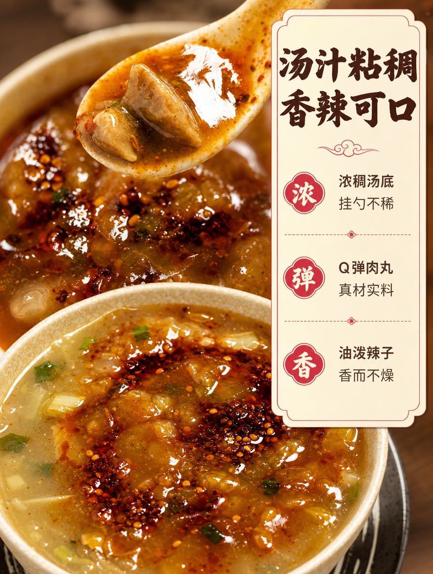 [商品] 使用【图5】胡辣汤成品俯拍特写、【图6】勺子舀起肉丸… - 图片创意预览