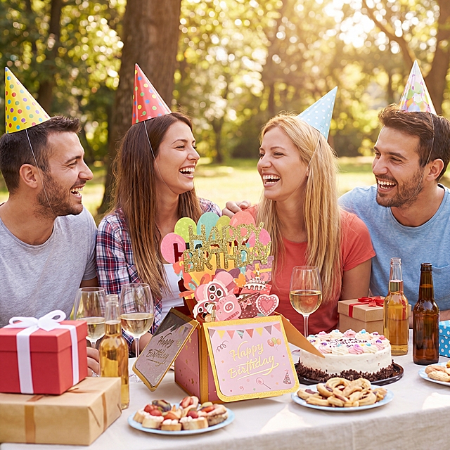 参考第二张图片生成生日派对场景图，派对布置相似度参考50%，将图中的儿童全部换成成年人，营造友好欢乐的生日派对氛围，图片分辨率为4K