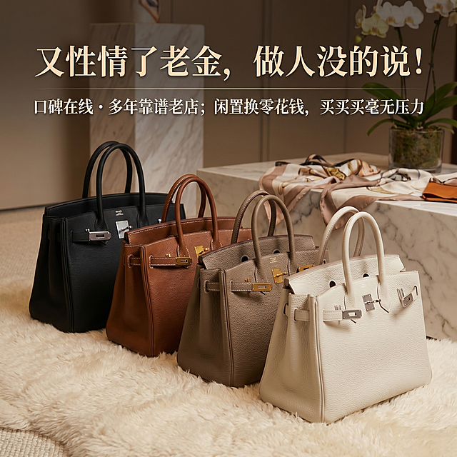 小红书主图，展示四款不同颜色的高品质铂金包，风格高级质感，配文字："又性情了老金，做人没的说！口碑在线・多年靠谱老店；闲置换零花钱，买买买毫无压力"，整体风格适合小红书种草，高端质感背景
