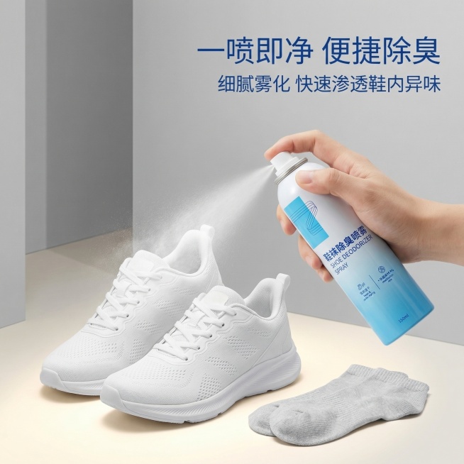 严格还原上传的振德鞋袜除臭喷雾产品图，包括包装设计、颜色、LOGO位置、文字内容、图案元素等所有细节；产品外观与参考图完全一致，不改变包装设计、配色方案或品牌元素；保持产品真实材质质感，铝制气雾罐，蓝预览效果