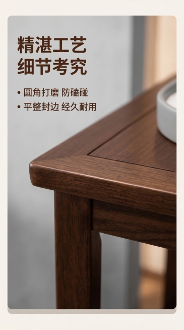 [第6屏] 细节演示-实木边角工艺细节特写。本屏使用【图2】作为主体，展示方几桌角与边线细节。
[氛围/风格] 专业工艺特写，清晰细腻，写实商业摄影，质感突出。
[元素布局] 特写方几的桌角与边线区域预览效果