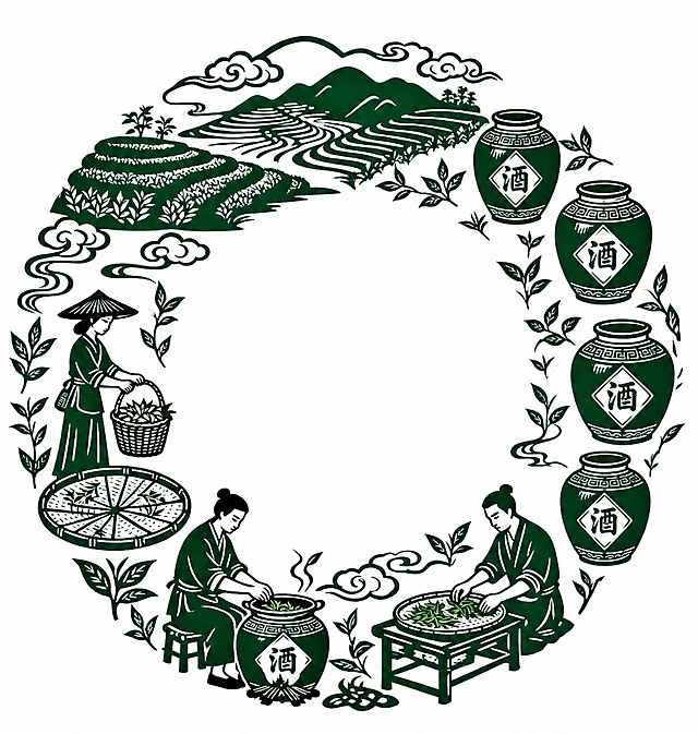 将图片中所有茶具替换为古代陶制酒缸，保持整体绿色剪纸风格、画面布局和其他元素不变