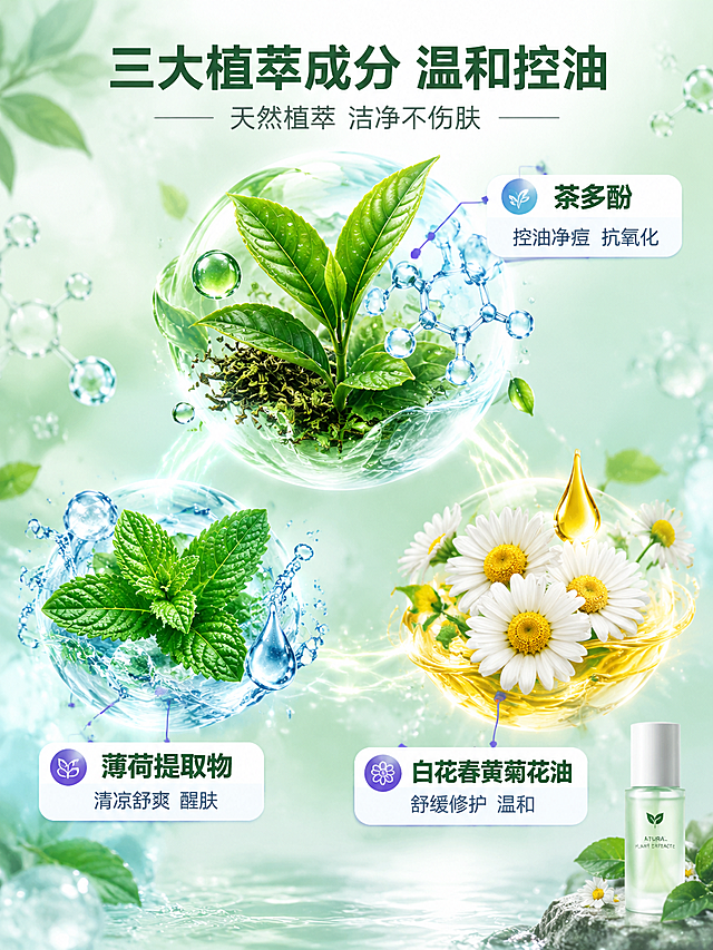 [商品] 成分功效专页，以成分可视化元素为主画面，不强制使用产品图；画面右下角可放小型产品瓶身作为品牌识别。
[画面] 目标：三大核心成分可视化展示，成分元素大尺寸占主画面。构图：画面中央偏上为大号"茶多酚"茶叶+分子结构组合元素，占画面约35%；左下为薄荷提取物的薄荷叶+清凉水珠元素，占约20%；右下为白花春黄菊花油的洋甘菊花朵+精油滴元素，占约20%；三种成分元素之间有发光连线；背景为浅绿清新科技感背景，有植物分子粒子漂浮；整体3层以上视觉层次。
[视觉] 套系策略：风格=清新洁净护肤成分展示；标题字=现代无衬线粗体中文；正文字=简洁无衬线体；主色=薄荷绿；背景延展=基于薄荷绿做深浅渐变、纯白过渡、水光泡沫质感；强调色=蓝紫色（品牌色），仅用于小面积图标、引线和标签；标题色=深墨绿；正文色=中灰色；组件=发光连线、成分标签卡、植物元素；光影=清新自然光，植物元素自然通透。
[文字] 顶部主标题"三大植萃成分 温和控油"，副标题"天然植萃 洁净不伤肤"；每个成分旁配标签卡："茶多酚 控油净痘 抗氧化""薄荷提取物 清凉舒爽 醒肤""白花春黄菊花油 舒缓修护 温和"；文字全部横向排版，成分名称字号大且清晰。
[规格] 图片比例3:4竖版，4K，避免变形、错字、文字过小、植物元素模糊、成分元素占比过小。