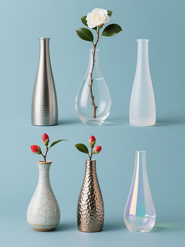 六个相同造型的细长瓶身花瓶，每个花瓶内插有一枝带绿叶、一朵盛开白色山茶花和两朵红色花苞的树枝，以2行3列规整排布在纯色背景上。六个花瓶分别呈现出六种完全不同的材质质感：1. 左侧上方：金属材质，表面光滑有冷冽光泽和细微拉丝纹理；2. 右侧上方：塑料材质，半哑光表面带有轻微磨砂质感；3. 左侧中间：玻璃材质，透明清澈，能隐约看到内部花枝轮廓，表面有折射光影；4. 右侧中间：合金材质，呈现出独特的金属混合色泽，带有细密的锤击纹理；5. 左侧下方：陶瓷材质，表面有温润细腻的釉面质感，带有传统陶瓷的微小开片纹路；6. 右侧下方：亚克力材质，半透明带有柔和的光泽，边缘有轻微的虹彩效果。整体画面色彩明快，背景为纯色，突出展示不同材质花瓶的质感差异和统一的造型美感，保持清晰的视觉层次和信息传达效率。