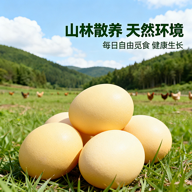 [主图 2] 散养环境产地溯源展示；
[氛围风格] 淳朴原生态生鲜农产品风格，简约高级，天然健康氛围；
[画质] 商业摄影质感、光线柔和通透、产品清晰真实、画面干净高级，高清细节，色彩柔和。
[元素] 几枚土鸡蛋放置在户外草地，背景是开阔的绿色山林散养农场，远处可见山林和蓝天白云，自然清新环境，商品主体占比约65%，画面干净无多余杂物，满屏无边框。
[光影] 自然光拍摄，柔和的日间散射光，整体均匀明亮，还原真实自然环境色彩。
[配色] 主色调为自然绿色背景，蛋壳浅黄色，蓝天白云浅蓝白色，色彩清新自然。
[视角构图] 略微俯视视角，前景鸡蛋清晰，背景农场虚化，层次感强，构图均衡。
[文字版式] 右上负空间右对齐，主标题 “山林散养 天然环境” 深绿色粗体，副标题 “每日自由觅食 健康生长” 小号深绿色文字，不遮挡主体。
[比例分辨率] 1:1 比例，2k 分辨率；文字清晰锐利，画面超高清。
[负向提示词] 变形，水印，文字错乱，产品图模糊，背景杂乱，牛皮癣，配色刺眼，遮挡主体，绝对化违禁词，最，第一，顶级