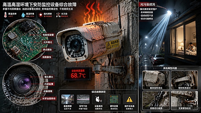 全景展示安防监控设备在高温高湿环境下的综合故障：正面突出箱体发热热浪，一侧展示光污染扰民场景，局部放大展示电路板凝露氧化锈蚀和镜头雾化损伤，所有故障问题整合在一张图中，细节清晰丰富