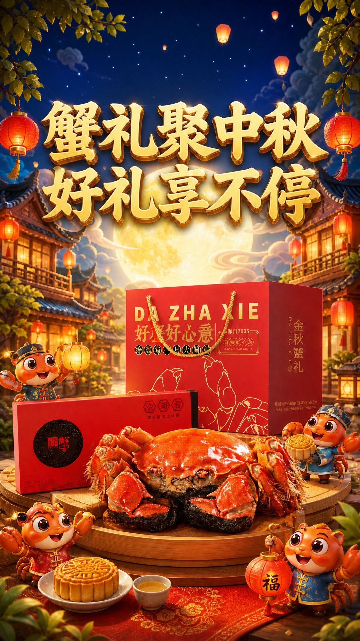 保持这张C4D卡通风格竖版中秋大闸蟹海报的所有元素、产品、背景… - 图片创意预览