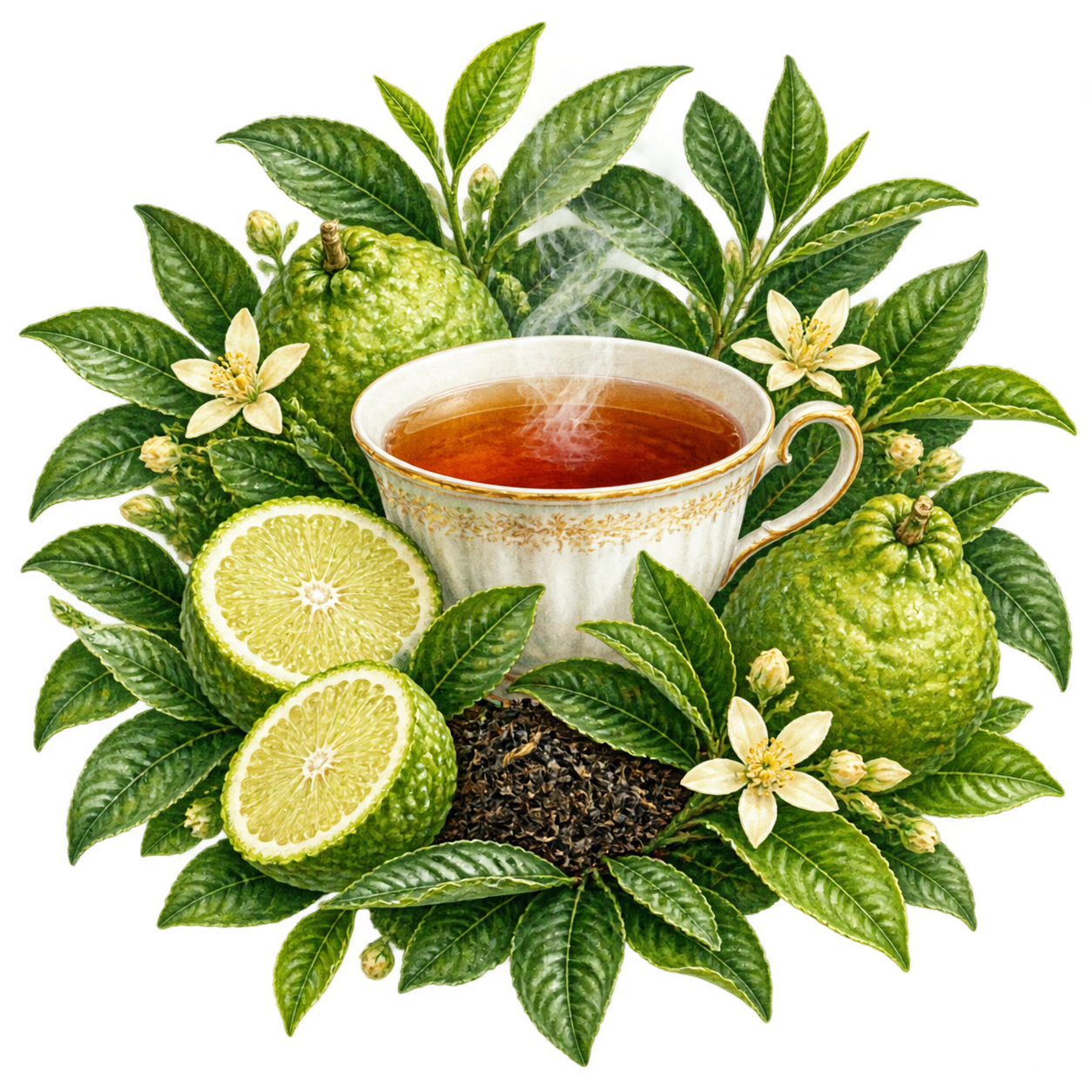 参考图中的植物插画风格，生成伯爵红茶主题的插画，画面中心是一杯… - 图片创意预览