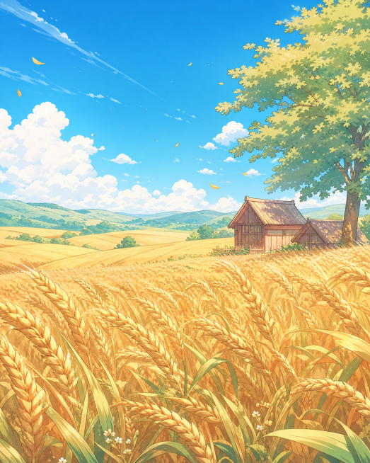 类似参考图的金色麦田场景，日系动漫插画风格，大片成熟饱满的金黄色麦田，远处有简约木屋和大树，蓝天白云，治愈清新的色调，秋收氛围预览效果