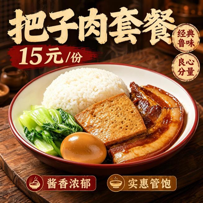 写实商业快餐海报，设计一张400*400mm正方形的把子肉套餐宣传海报，风格为食欲感熟食餐饮海报，暖光呈现，整体酱香浓郁烟火气。画面整体版式精美，1:1比例。主文案清晰摆放：主标题为"把子肉套餐"，副预览效果