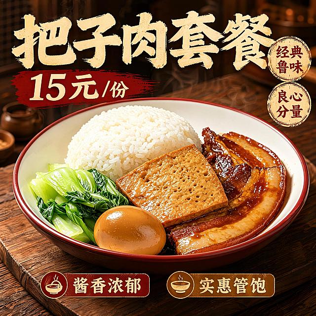 写实商业快餐海报，设计一张400*400mm正方形的把子肉套餐宣传海报，风格为食欲感熟食餐饮海报，暖光呈现，整体酱香浓郁烟火气。画面整体版式精美，1:1比例。主文案清晰摆放：主标题为"把子肉套餐"，副标题为"15元/份"，装饰文案为"经典鲁味"、"良心分量"，卖点标签为"酱香浓郁"、"实惠管饱"。保留输入图中的把子肉套餐产品外观、内容和分量，百分百还原产品外形、食材搭配，完整保留原图中的米饭、把子肉、豆干、卤蛋、青菜的组合，产品主体放置在画面中心，木质餐台承托，暖棕简约背景，文字不遮挡产品主体，所有文字清晰可读，色彩食欲感充足，超高清画质。