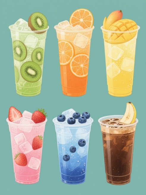 一系列6款同风格规整排布的饮品插画，每款均为透明塑料杯装冰镇饮料，保持写实水彩质感与光影效果，纯色背景但每款色彩各异，元素类目包含冰块、切片水果和整颗水果，分别为：1. 绿色猕猴桃冰饮配切片猕猴桃与完整猕猴桃，2. 橙色橙汁冰饮配切片橙子与完整橙子，3. 黄色芒果冰饮配切片芒果与完整芒果，4. 粉色草莓冰饮配切片草莓与完整草莓，5. 蓝色蓝莓冰饮配切片蓝莓与完整蓝莓，6. 棕色咖啡冰饮配切片香……预览效果