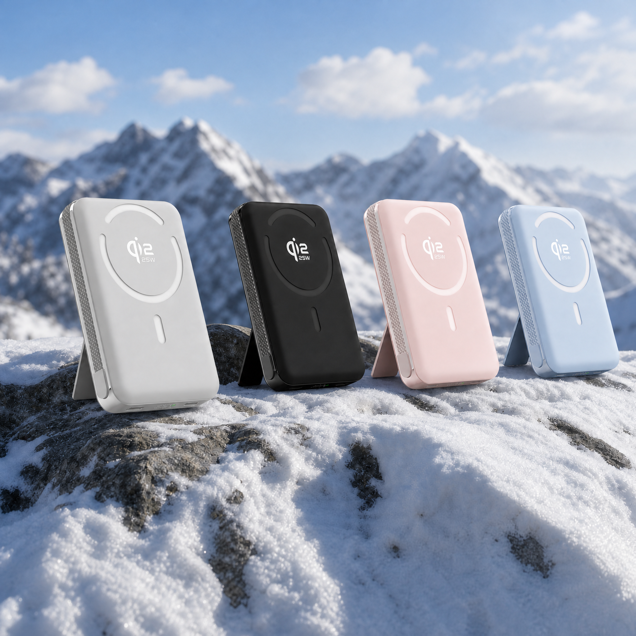 基于第一张图的雪山雪地场景和四款磁吸无线充电宝，仅替换粉色款和… - 图片创意预览