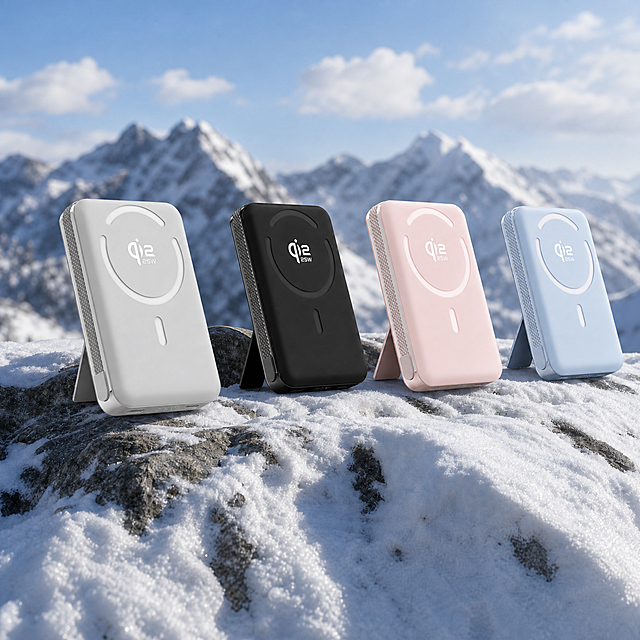 基于第一张图的雪山雪地场景和四款磁吸无线充电宝，仅替换粉色款和蓝色款的产品颜色，其他所有元素（背景、雪山、岩石、积雪、产品位置、角度、光影、阴影、白色款、黑色款）完全保持不变；粉色款颜色参考第三张手持图中的淡粉色，蓝色款颜色参考第二张手持图中的淡蓝色，保持产品材质质感和光影关系不变；只改颜色，不改动构图和其他任何细节