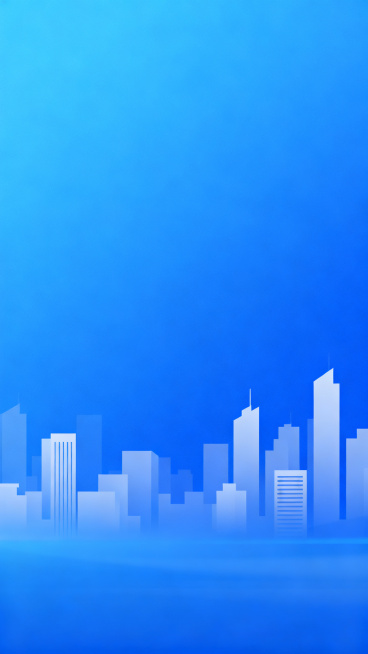 施工管理制度背景图，蓝色渐变背景，浅色城市建筑剪影，竖版构图，简洁商务风格，适合用作制度展板背景预览效果