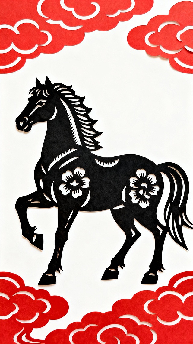 剪纸风马年贺图，黑红双色对比鲜明，剪影造型融合花卉纹样，云纹边框烘托喜庆氛围，尽显中式民族韵味。