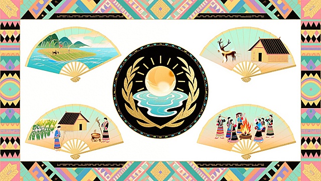 重新创作拉祜族根古神话插画，采用圆形辐射构图：中心是日月沐浴的神话符号，四周环绕四个扇形场景分别是糯海共居、狩猎耕作、火塘歌舞、和平南迁，所有场景用拉祜族几何民族纹样连接，背景做极致留白处理，保持扁平渐变国潮风格，使用明亮清新的多巴胺撞色，突出拉祜族服饰建筑特色，完全重新设计整体构图和配色
