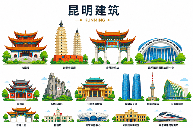 改成更简洁的矢量风格，增加更多昆明标志性建筑，保持整体布局，颜色鲜艳