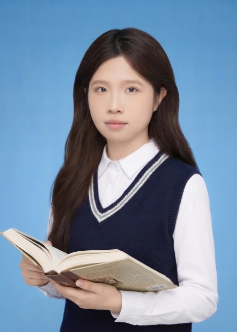 将图中人物的头部比例缩小一点，保留人物原本的微微侧身姿势、打开摊在手中的书本，保留原本的外貌、蓝背景和穿着风格，整体保持写实感预览效果