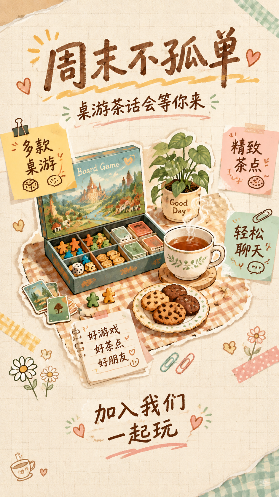 基于这张手账风桌游茶话会海报，移除右下角的二维码占位方块，将左… - 图片创意预览