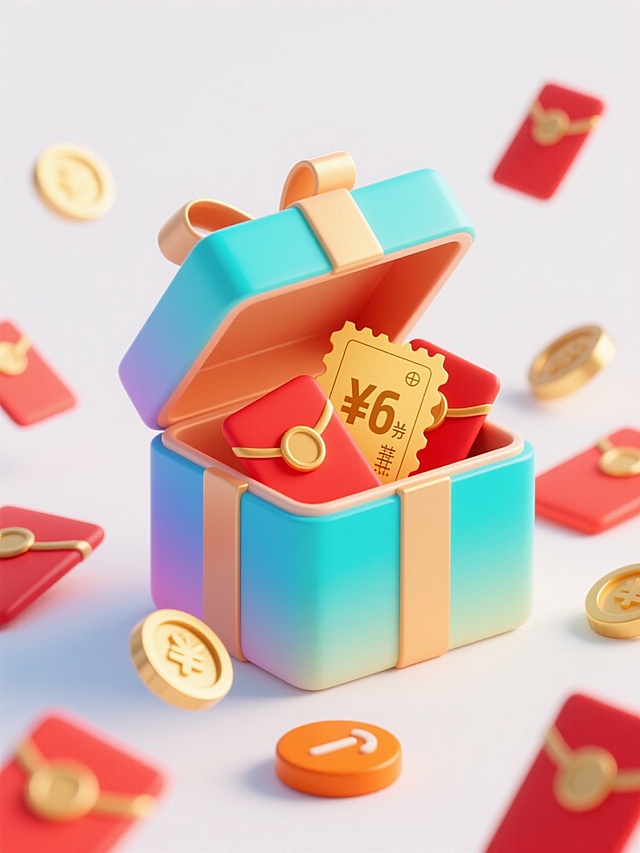 3D立体风格电商促销图标，白色背景，主体为一个渐变色彩的方形礼盒，盒盖打开，内部露出金色的优惠券和红包，礼盒周围散落着多个红色红包和金色硬币，底部有一个橙色的按钮，整体采用明亮的渐变色调，光影柔和，带有轻微的发光效果，营造出欢快、喜庆的促销氛围，视觉层次清晰，信息传达直接，符合电商促销的设计感和吸引力。