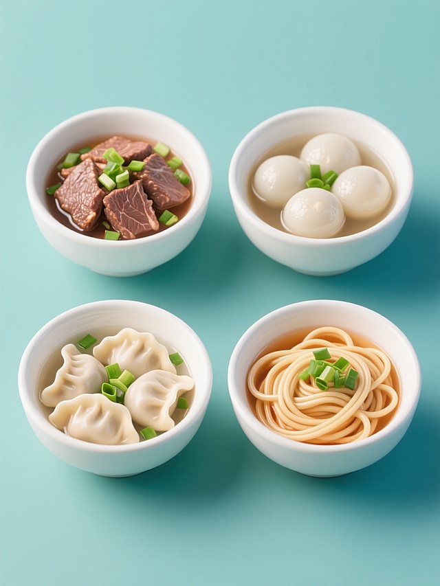 软3D风格美食系列海报，纯色背景，四个规整排布的白色瓷碗分别盛装水饺、牛肉、汤圆、面汤，饺子形态饱满、褶皱清晰，牛肉纹理分明、色泽诱人，汤圆圆润光滑、漂浮汤中，面汤清澈、面条舒展，每个碗中食物细节精致，汤汁透亮，均点缀翠绿新鲜葱花，整体采用变换的明快色彩，保持统一的软3D质感，柔和光影效果，视觉层次分明，信息传达高效，适合美食宣传，无文字、LOGO及二维码。