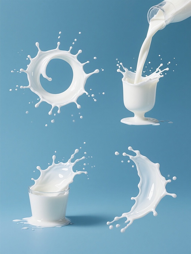 纯白纯色背景，六个完全不同造型和角度的牛奶液体飞溅动态瞬间，包括倾倒的流线、环形漩涡、放射状溅起、杯状底座飞溅、不规则泼溅等形态，保持高分辨率商业摄影的超写实质感，液体边缘清晰锐利，表面光滑有细腻高光反射，水珠细节丰富，整体采用统一的淡蓝色调，所有飞溅元素规整排布在画面中，形成系列素材集合，无文字、LOGO及二维码。