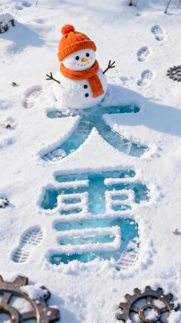 俯视视角，画面主视觉是雪地中的 “大雪”文字（字体圆润可爱），文字部分像被踩踏，露出淡蓝色冰面。雪质细腻带自然纹理，场景中有一个戴橙色针织帽围巾的雪人在抬头看着你，周围装饰有散乱的小足迹、齿轮印痕。预览效果