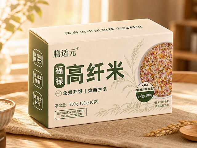 为这盒高纤米产品赋予温暖的午后光影效果，自然光从后侧左上方打过来，形成柔和的侧逆光，产品边缘有漂亮的轮廓光，在右前方投下自然柔和的阴影，整体色调温暖偏暖黄，营造温馨舒适的午后氛围，产品本身的包装细节、文字、图案完全保持不变，产品形态和颜色不变，专业商业产品摄影，质感细腻，光影层次丰富，高清写实