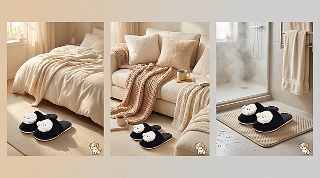电商场景展示套图，暖米+奶黑为主色调，浅棕+柔白为辅助色。包含三个场景：1.清晨场景：拖鞋置于卧室床边，搭配浅色床单、晨光，营造起床氛围感；2.休闲场景：拖鞋置于沙发旁，搭配抱枕、毛毯，模拟追剧宅家状态；3.浴室场景：拖鞋置于浴室门口防滑垫上，搭配水渍痕迹，突出防滑功能。拖鞋自然摆放，场景光影模拟自然光，小狗简笔画点缀角落，柔和渐变背景从暖米到浅灰过渡，沉浸式居家治愈感。比例16:9，分辨率2K。
