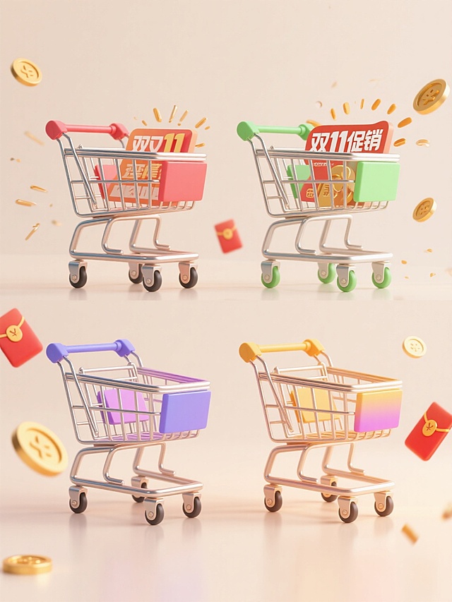 3D渲染风格电商促销海报，浅色背景上，四个不同配色、不同样式、不同材质的购物车上下两行对齐排列，每个购物车细节丰富，金属框架呈现出细腻的金属光泽，塑料部件光滑有质感，搭配彩色渐变光效，飞溅的金币和红包元素充满动感，融入醒目双11促销文案，整体画面欢快活泼，视觉层次分明，信息传达高效，强促销属性，高光与阴影处理细腻，色彩鲜明和谐，现代感十足。