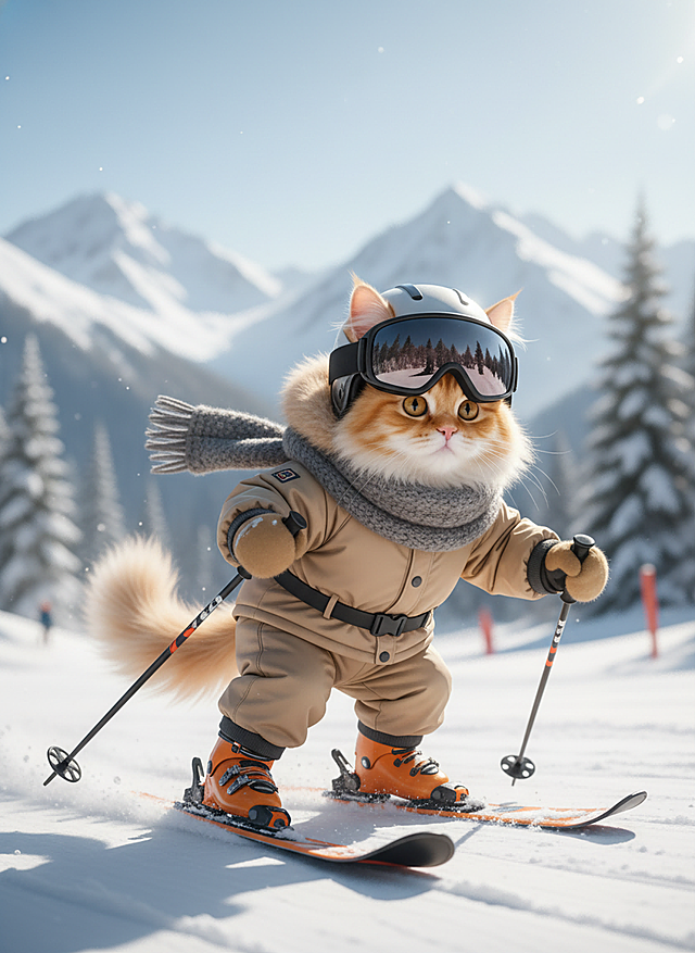 画面主视觉是猫咪身着米色带毛领的蓬松滑雪服，搭配灰色针织围巾，戴头盔和深色护目镜，手持滑雪杖，脚踩橙黑配色滑雪板，姿态可爱。背景是雪山、树林及滑雪场设施。