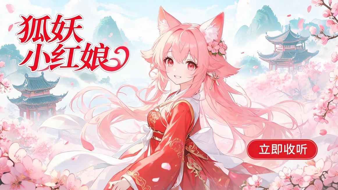 狐妖小红娘小说封面，立即收听按钮，二次元画风，”左边狐妖小红娘“为小说 标题预览效果