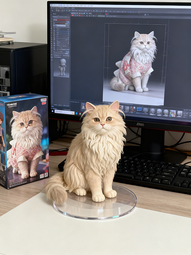 3D重拟物风猫咪手办，毛发生长细节逼真，可爱感十足，搭配粉色针织背心，展现精致工艺与温馨节日氛围。