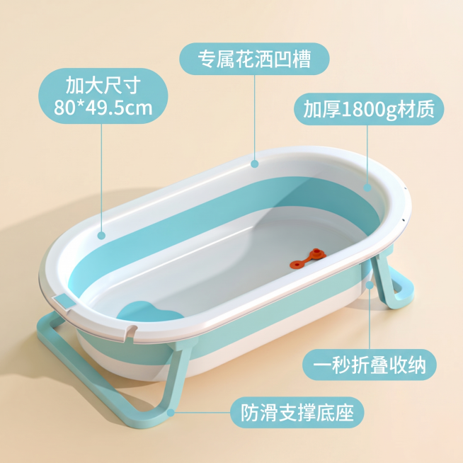 [主图 2] 婴儿沐浴盆五大核心卖点展示图。[氛围风格] 干净明亮，简约清晰的电商展示风。[画质] 商业摄影质感、光线柔和通透、产品清晰真实、画面干净高级。[元素] 蓝白拼色折叠沐浴盆居中放置，五个核预览效果