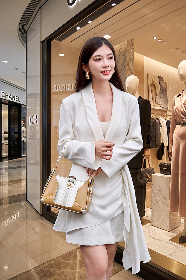 为这张模特图片替换上简洁大气的高端商场橱窗背景，保留模特和包包的完整细节与人物姿态，整体风格时尚高级