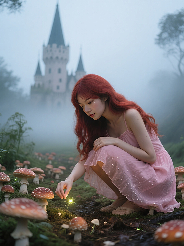 粉裙公主蹲在蘑菇林，指尖轻触发光萤火虫，裙摆沾着晨露，身后城堡尖顶穿透迷雾