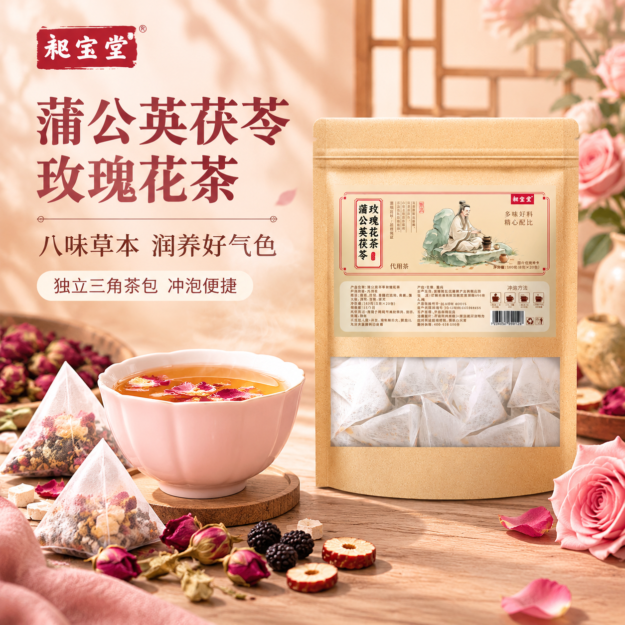 [主图-1] 首图点击率，主题为蒲公英茯苓玫瑰花茶，突出草本润… - 图片创意预览