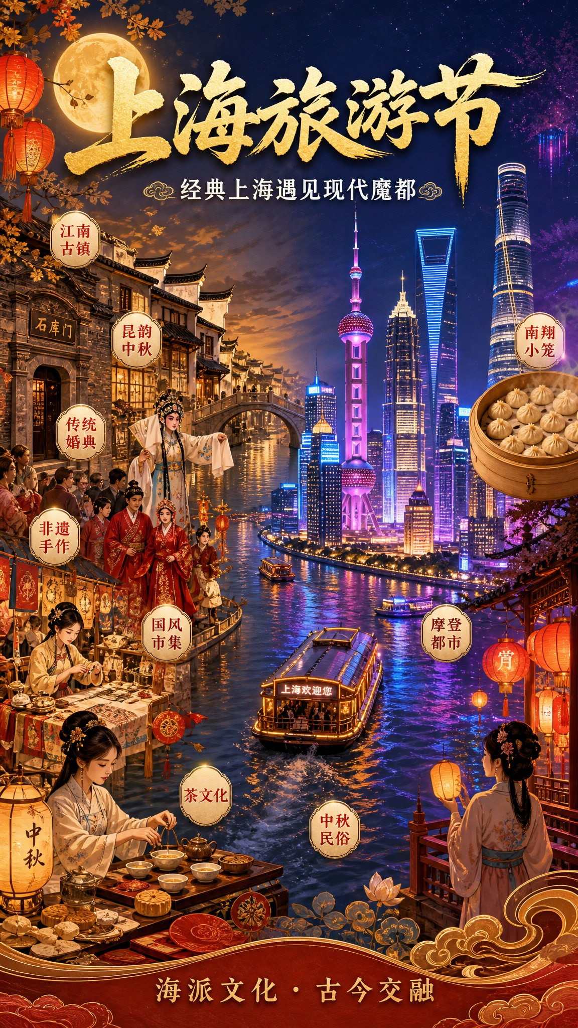 国风新中式工笔风格的上海旅游节海报，竖版9:16。画面主题为"… - 图片创意预览