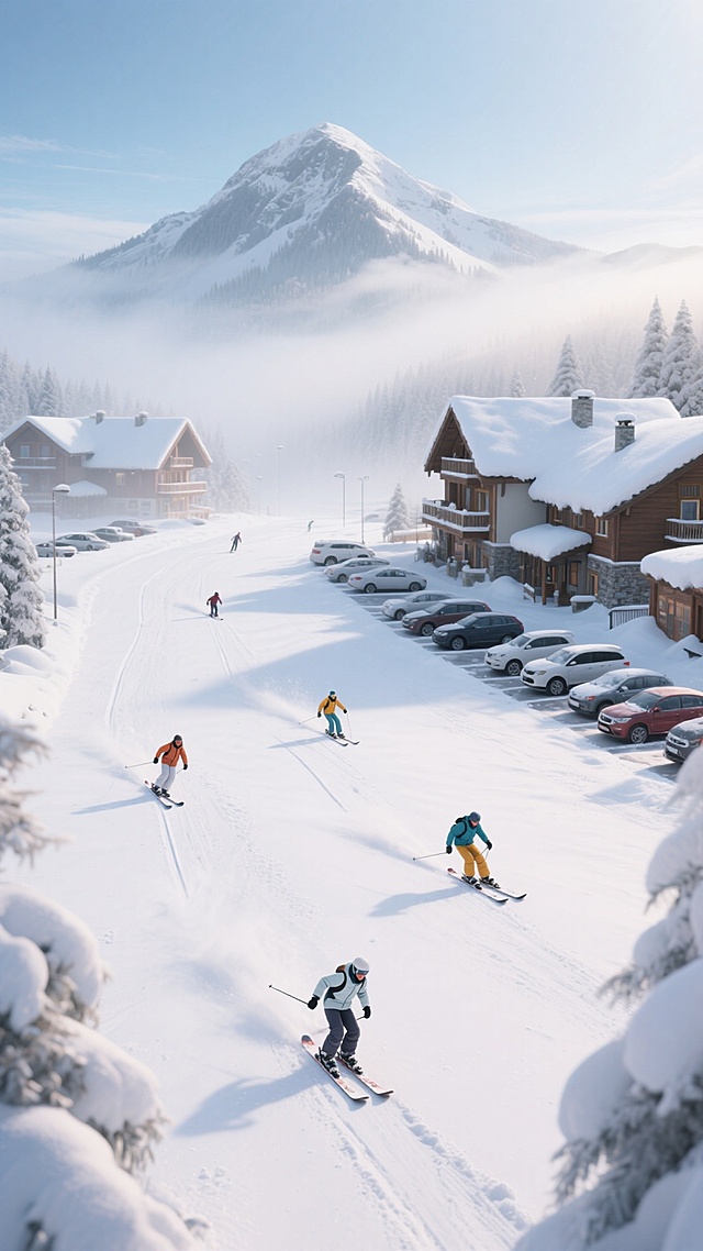 滑雪度假村清晨，雪面平整无人踩踏，几组滑雪者沿不同雪道滑下，山顶有晨雾缭绕，度假村建筑屋顶积雪厚重，停车场停着多辆汽车，整体安静而清新。