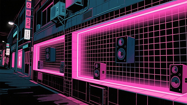 二次元日漫，黑夜，网格，墙壁，街道，黑粉色，氛围低音炮、魅惑，细节丰富，不要人，正面构图，超高清，生成2张，16:9