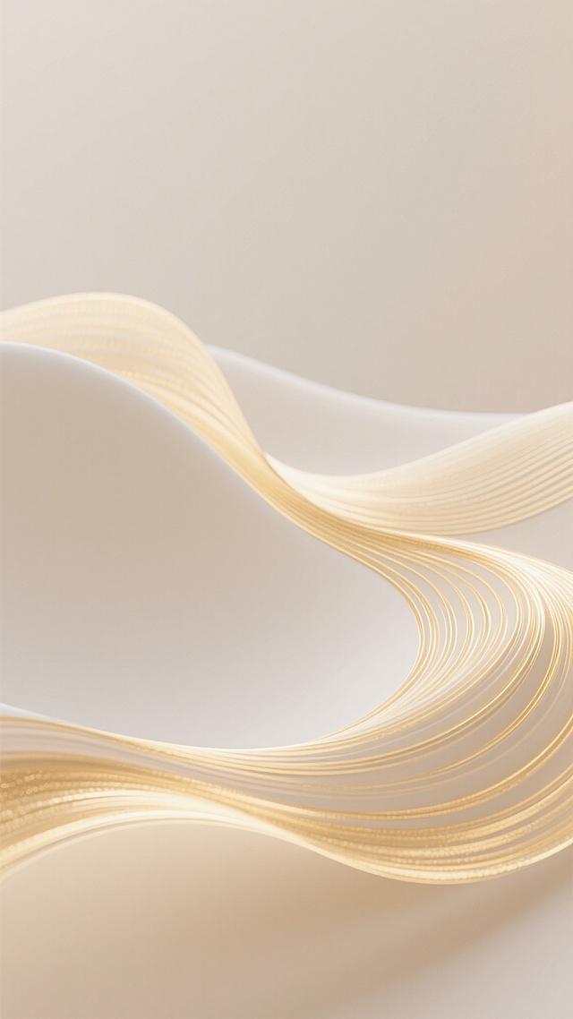 极简主义抽象背景，柔和米白色调，优雅流畅的波浪形线条设计，线条呈现出明亮的金色，带有细腻的纹理和光泽感，整体画面简洁大气，具有现代高级感，光线柔和均匀，营造出宁静优雅的氛围。