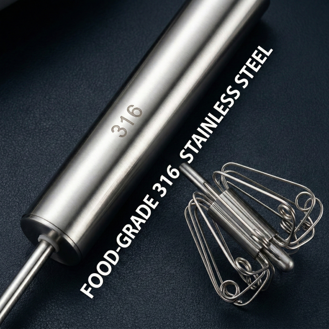 Close-up of the 316 stainless steel semi-automatic egg beater, highlighting the metallic texture and预览效果