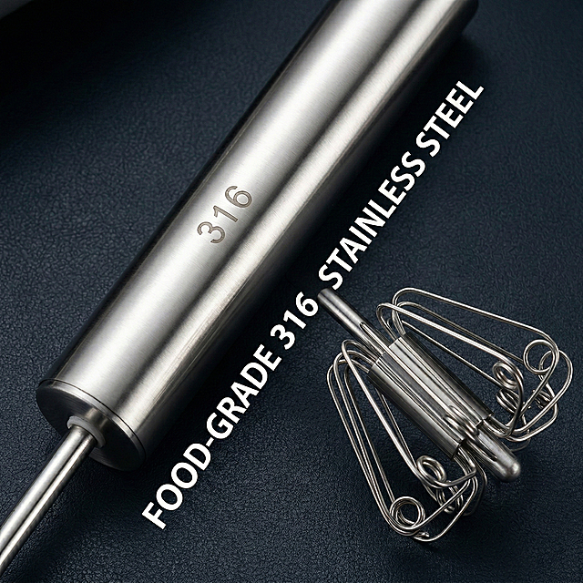 Close-up of the 316 stainless steel semi-automatic egg beater, highlighting the metallic texture and the "316" mark on the handle, with bold English text "FOOD-GRADE 316 STAINLESS STEEL" on the side, dark matte background, soft lighting to show the material texture, product strictly follows the original image, no white background