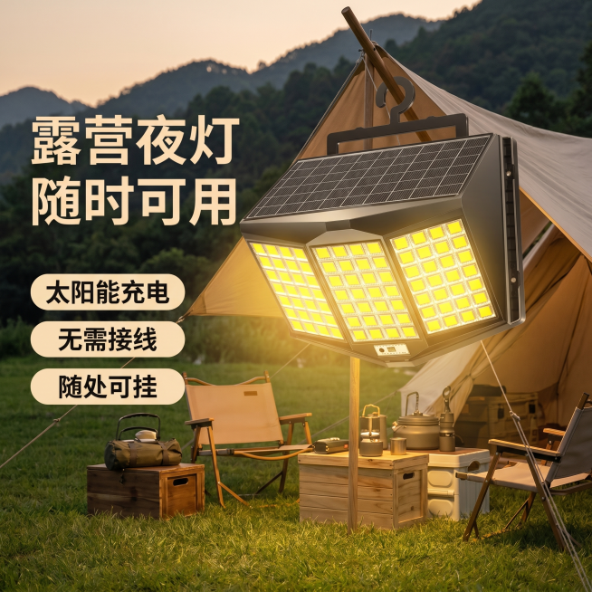 [主图 2] 户外露营场景使用的太阳能投光灯展示图。[氛围风格] 户外露营休闲场景，自然真实风格。[画质] 商业摄影质感，光线柔和舒适，产品清晰真实，画面干净高级。[元素] 太阳能投光灯悬挂在露营帐篷预览效果