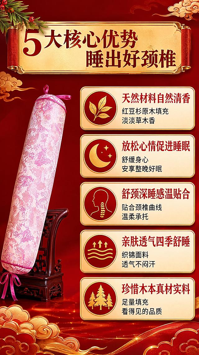 [第2屏] 详情页核心卖点总览-红豆杉护颈枕5大养生优势对比展示。本屏使用【图1】中粉色云纹款护颈枕作为左侧产品展示主体，保持圆柱形结构、云纹面料、颜色与原图一致。
[氛围/风格] 拼多多风格大字报，高饱和度红金配色，痛点直击+卖点解决，信息密度高，视觉冲击力强。
[元素布局] 左侧放置粉色护颈枕，占比约35%，斜靠在中式枕托上；右侧为5大卖点卡片区，从上到下排列5个圆角矩形卖点卡，每张卡片配图标+大标题+简短说明；背景为深红渐变底，点缀金色祥云纹、红豆杉叶片装饰元素；顶部有大标题横幅。
[光影质感] 正面均匀柔光，产品清晰突出，卡片有轻微阴影立体感，整体明亮醒目。
[配色色系] 全局底色渐变 #B81D24 深红到 #8B0000 酒红；主色金色 #D4AF37、白色文字；辅助色浅红卡片底、金色描边。
[视角构图] 左右分栏构图，左产品右文案，阅读动线从上到下逐行阅读卖点。
[文字版式] 顶部金色横幅大标题「5大核心优势 睡出好颈椎」；右侧5个卖点卡依次：1.图标树叶「天然材料自然清香」小字「红豆杉原木填充 淡淡草木香」；2.图标月亮「放松心情促进睡眠」小字「舒缓身心 安享整晚好眠」；3.图标颈椎「舒颈深睡感温贴合」小字「贴合颈椎曲线 温柔承托」；4.图标透气「亲肤透气四季舒睡」小字「织锦面料 透气不闷汗」；5.图标树木「珍惜木本真材实料」小字「足量填充 看得见的品质」；每卡文字左对齐，字号大，手机端清晰可读。
[比例分辨率] 9:16 竖版比例，4K分辨率，文字清晰可辨，高清画质。
[负向提示词] 产品变形，颜色偏差，水印，文字错乱，文字过小，卖点平铺无设计，背景杂乱。