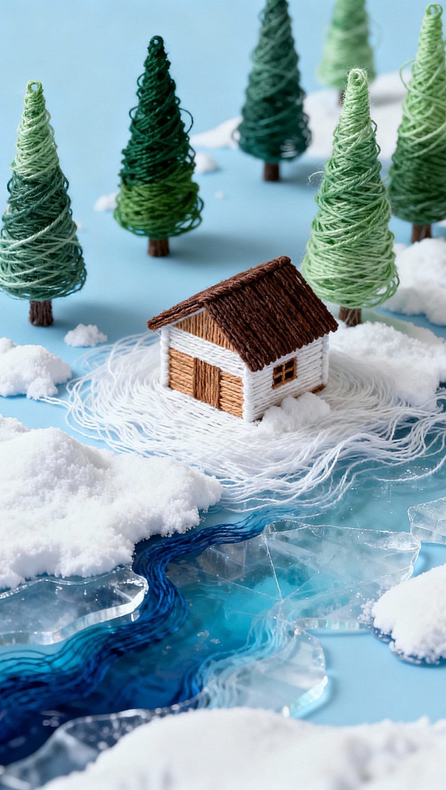 居中斜构图的一抹蓝色上（冬季景色，小木屋，松树林，厚厚的积雪，结冰的河水），极简俯视图