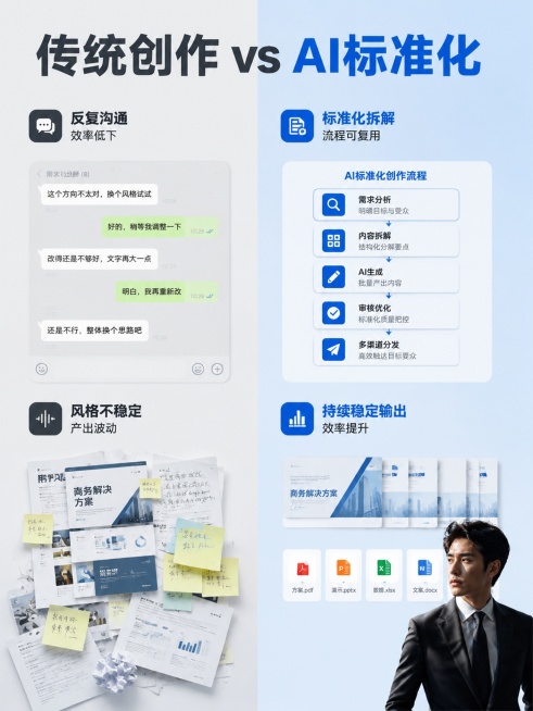 「图片1」，生成一套主图（5张），商品名称是xxx，卖点是xxx，适配小红书平台，主图比例为3:405｜一套 AI 流程，抵半个内容团队
小红书标题：
一套企业 AI 标准化流程，真的能抵得上半个内容预览效果