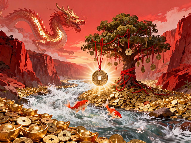 国潮风插画，鎏金龙腾云驾雾，金鱼跃于钱币溪流，红绸缠树挂铜钱，光影交错间尽显喜庆梦幻的中式节日氛围。