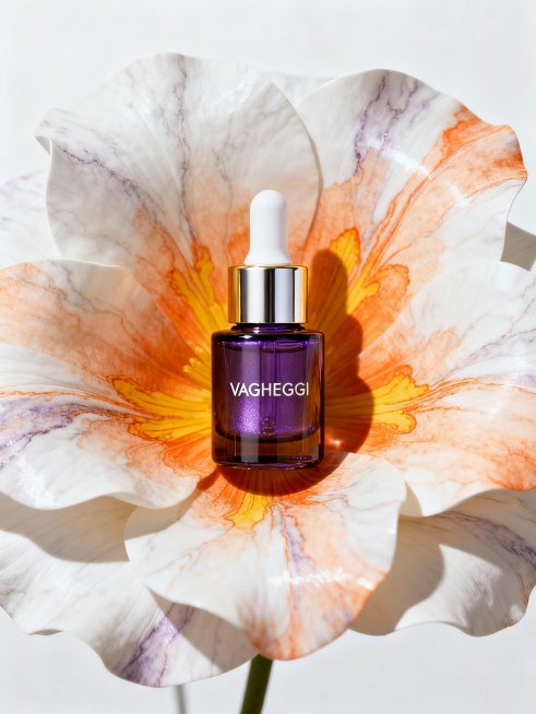 主体内容为韵姿小紫瓶精华（紫色玻璃瓶身、金色瓶盖，白色吸滴管，瓶身印（VAGHEGGI)品牌标识），放置在巨型艺术花的花心处；场景设定在纯白简约背景前，花为白橙渐变纹理的大朵花瓣形态；风格参考高端美妆预览效果